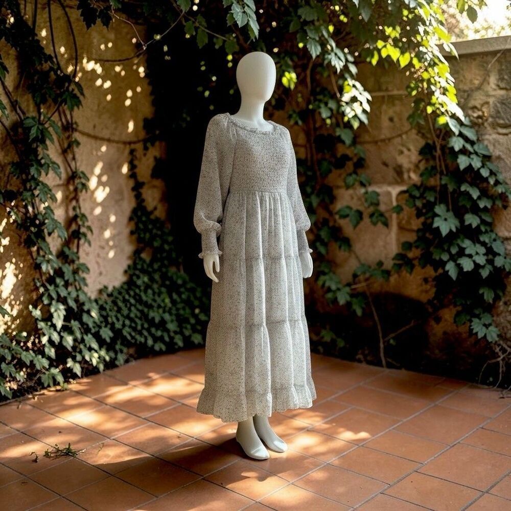 &Merci Sz M Off White Floral Dandy Prairie Midi Smocked TieredDress Long Sleeve - Picture 14 of 15